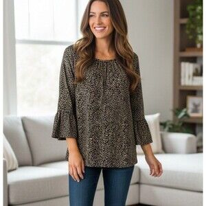 Michael Kors Size M Blouse Micro-Giraffe 3/4 Sleeve Bell Cuff Flowy Designer